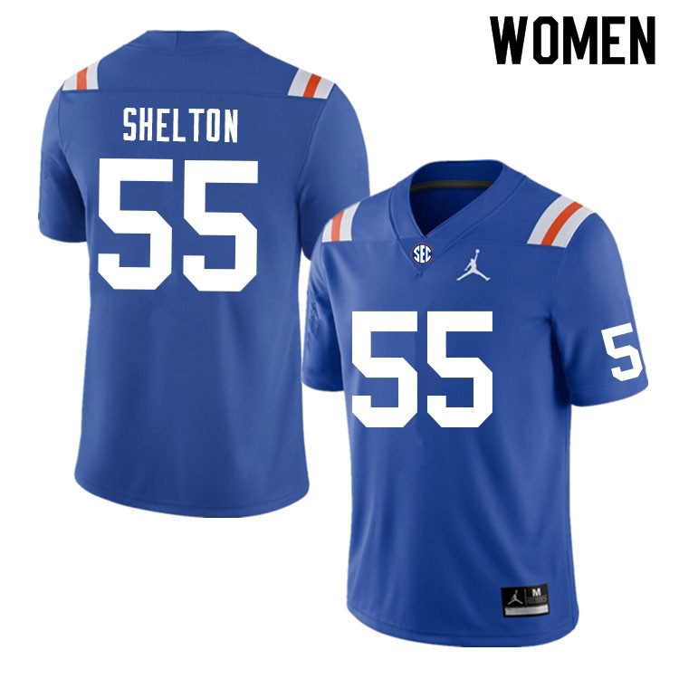 Women's NCAA Florida Gators Antonio Shelton #55 Stitched Authentic Nike Blue Throwback College Football Jersey QDI7165VA